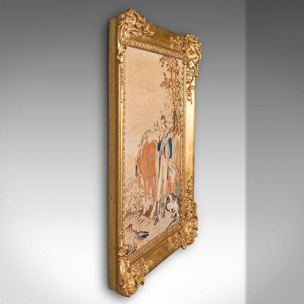 Antique Framed Tapestry, Continental, Needlepoint, Giltwood, Panel, Victorian photo for sale