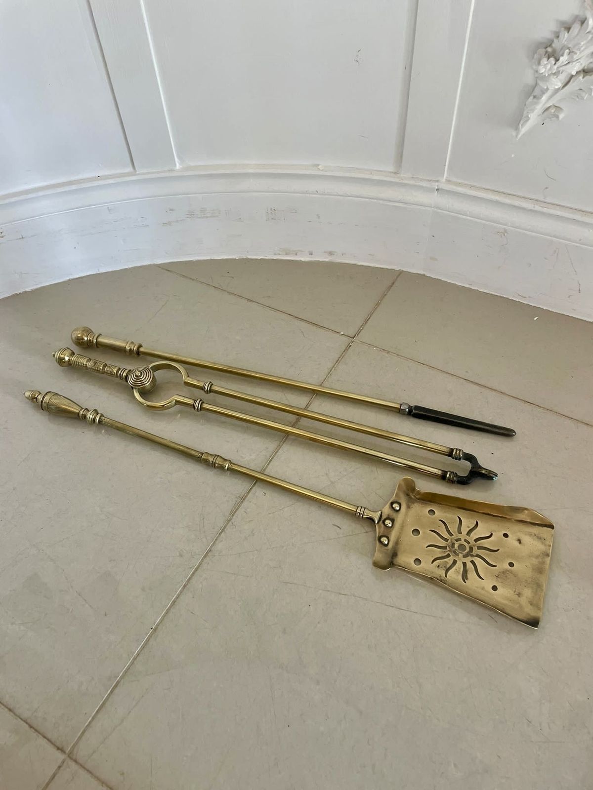 Three Antique 19th Century Quality Brass Starburst Fire Irons