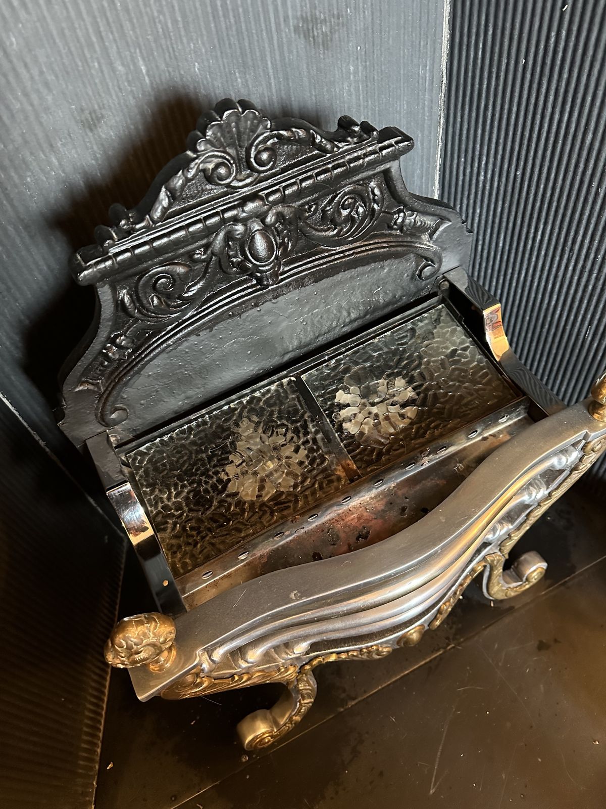 Vintage Cast Iron And Alloy Fire Basket With Brass Finials And Light/Fire Effect photo furniture