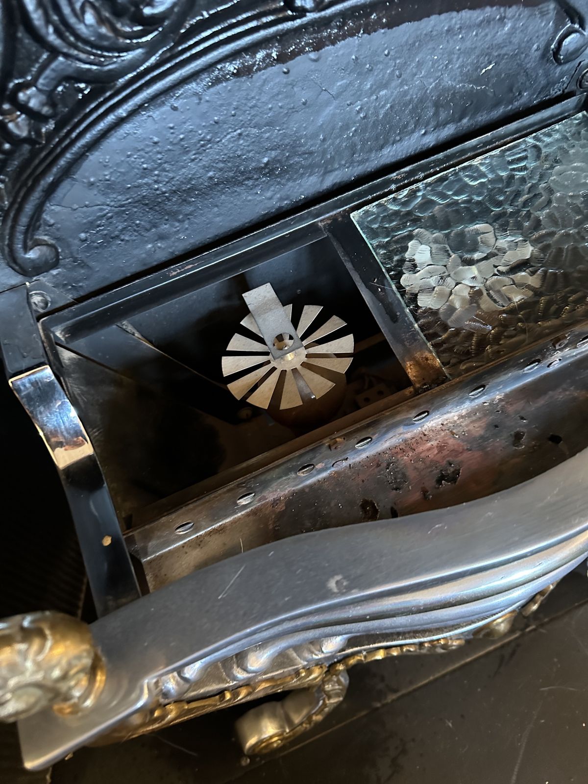Vintage Cast Iron And Alloy Fire Basket With Brass Finials And Light/Fire Effect photo for sale
