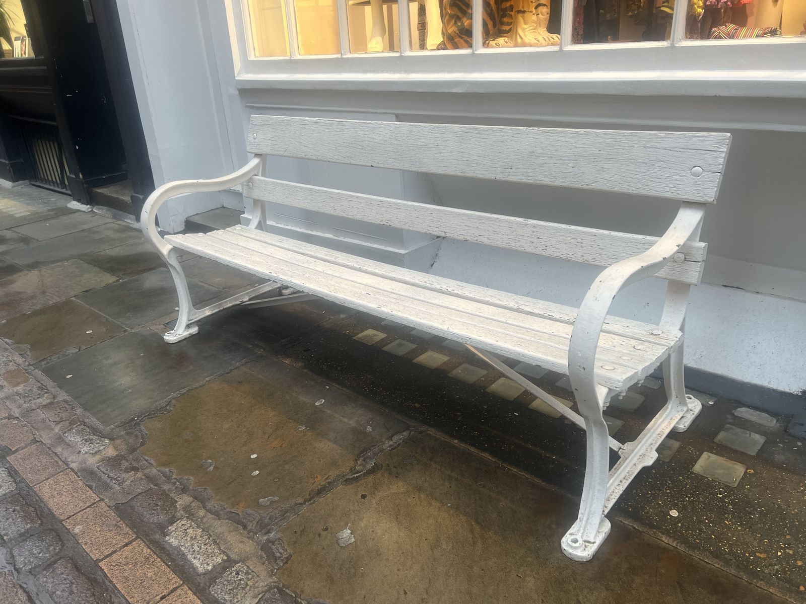 Vintage White Wooden Garden Bench Seat Cast Iron Ends photo for sale