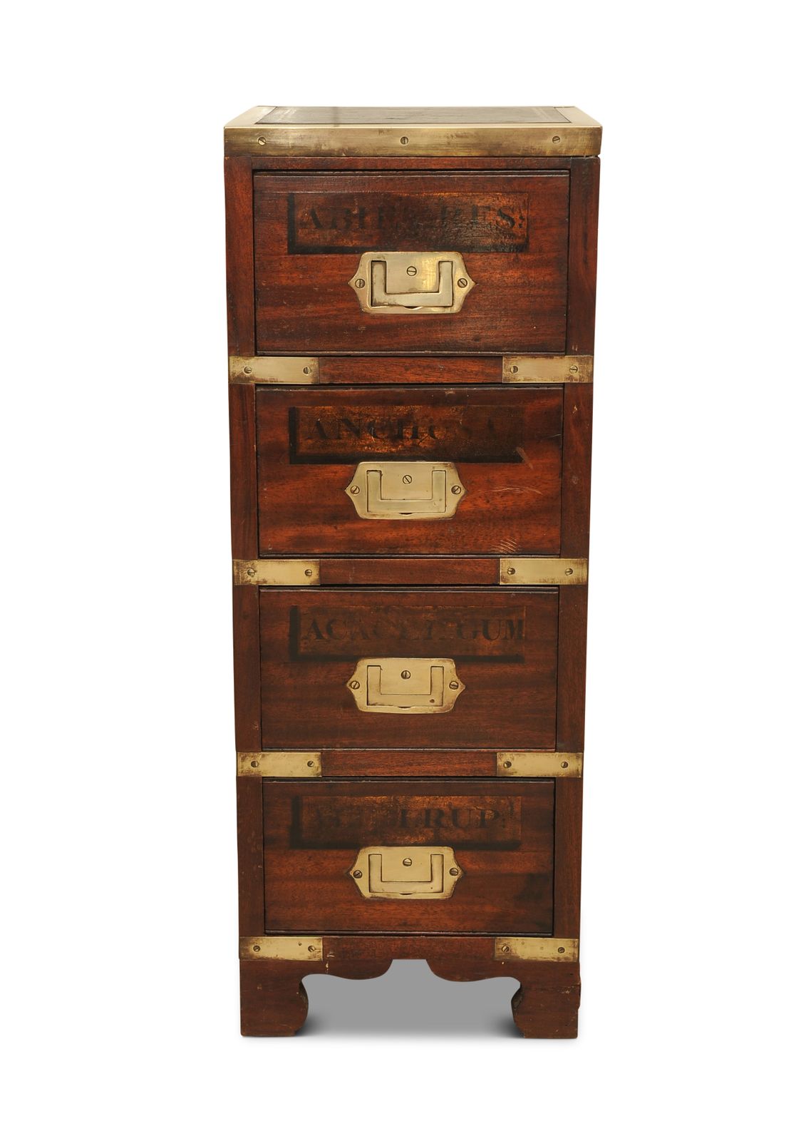 1800's Military Campaign, Four Drawer, Apothecary Brass Bound Chest Finished With Tooled Black Leather Ol photo Furniture