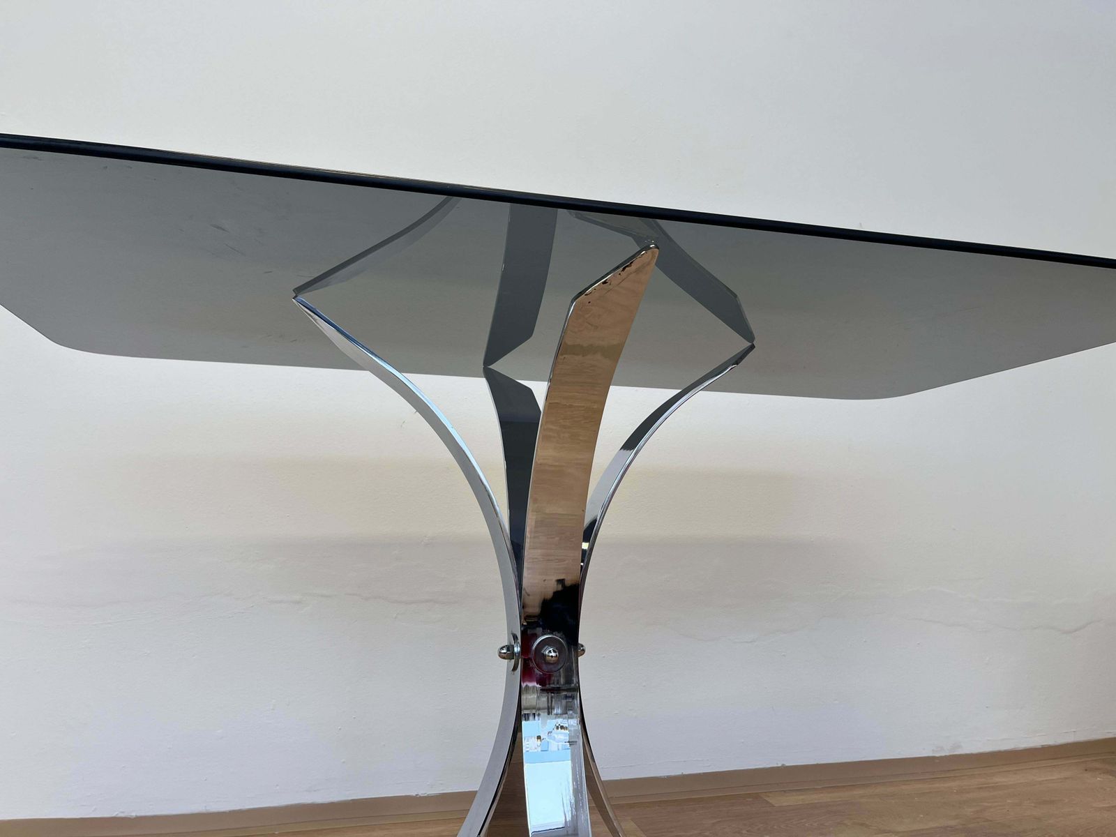 1970s Mid Century Steel Chrome And Smoked Glass Dining Table