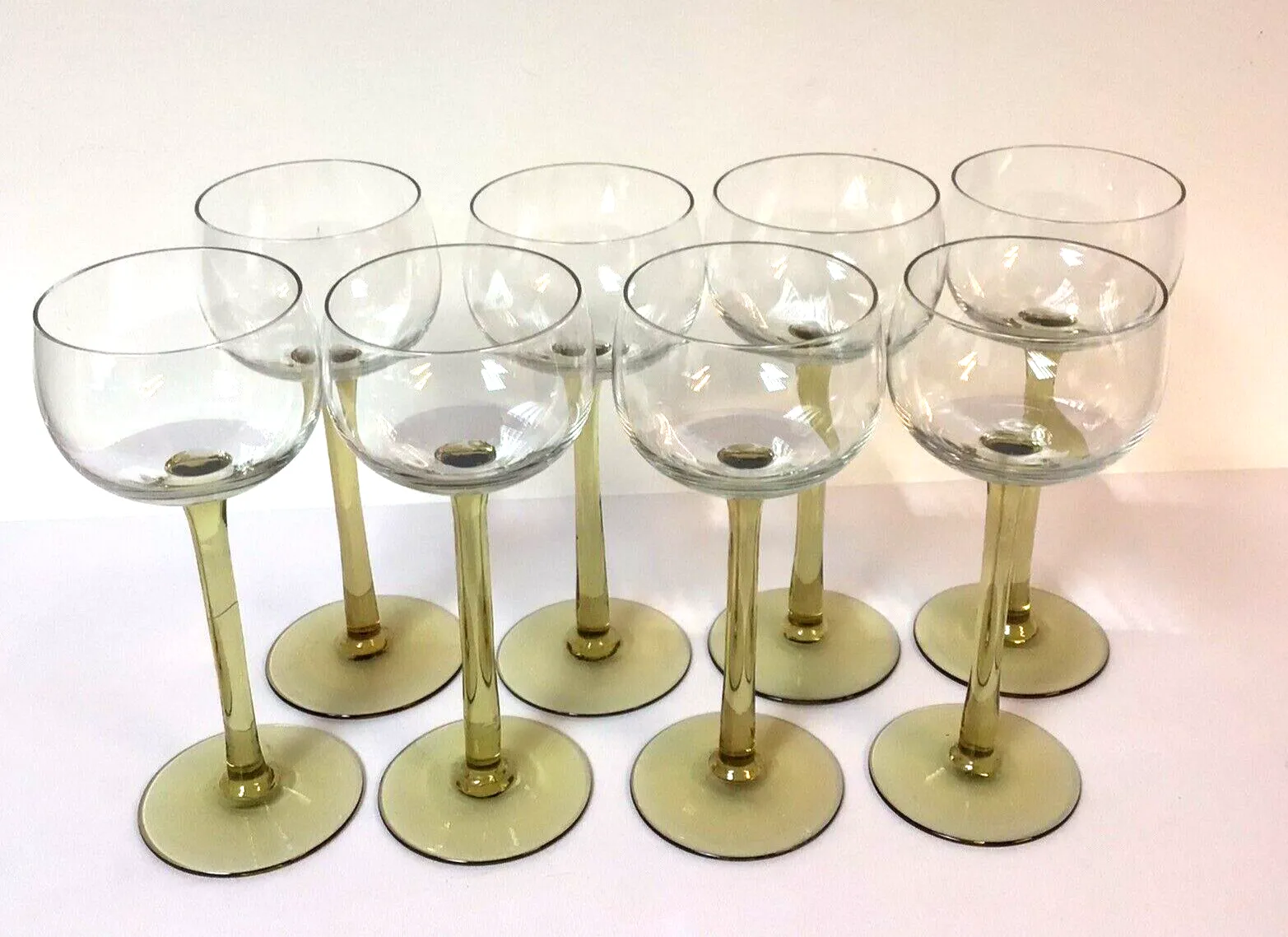 Vintage 1970s Set Of 8 Yellow Stemmed Tall Hock Wine Glasses