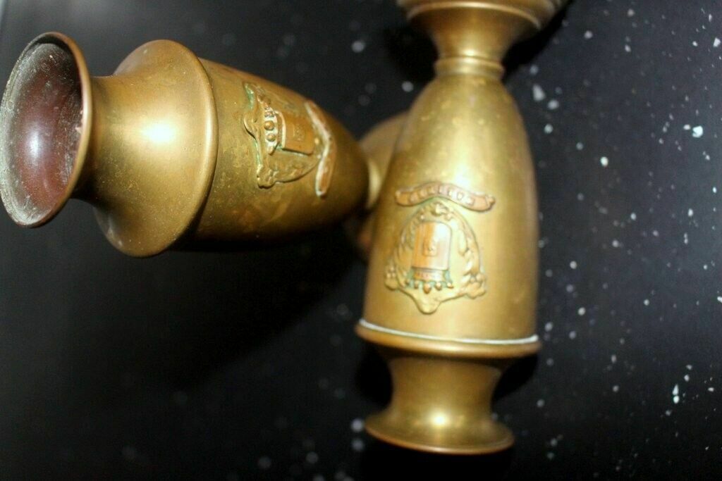 Home Decor French Vtg Pair Of Brass Petite Vase Urn Royal Malines Candleholder + Candles photo