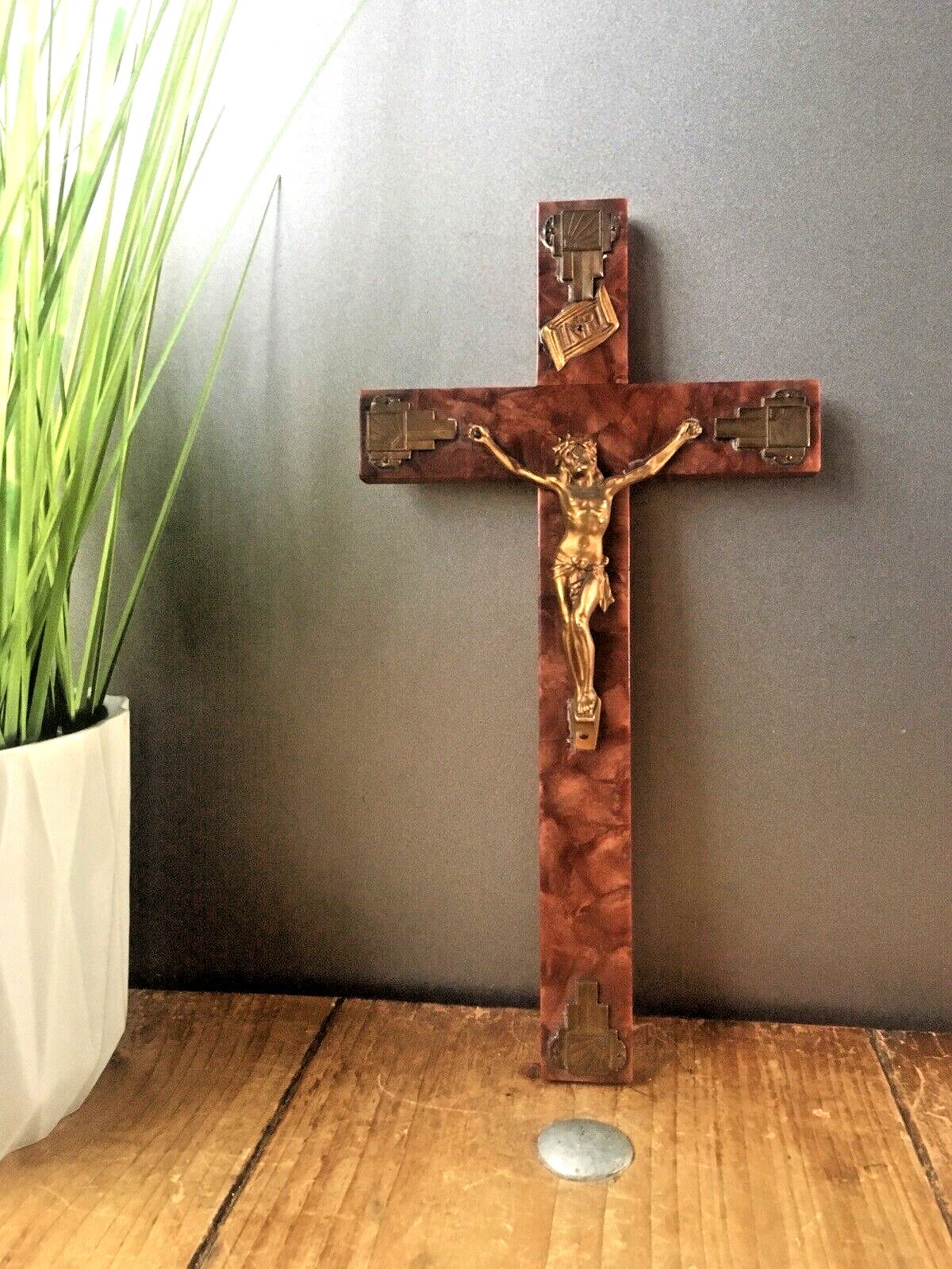 Antique Art Deco French Bakelite Gilded Wall Hanging Crucifix Church Cross Jesus photo 80.0