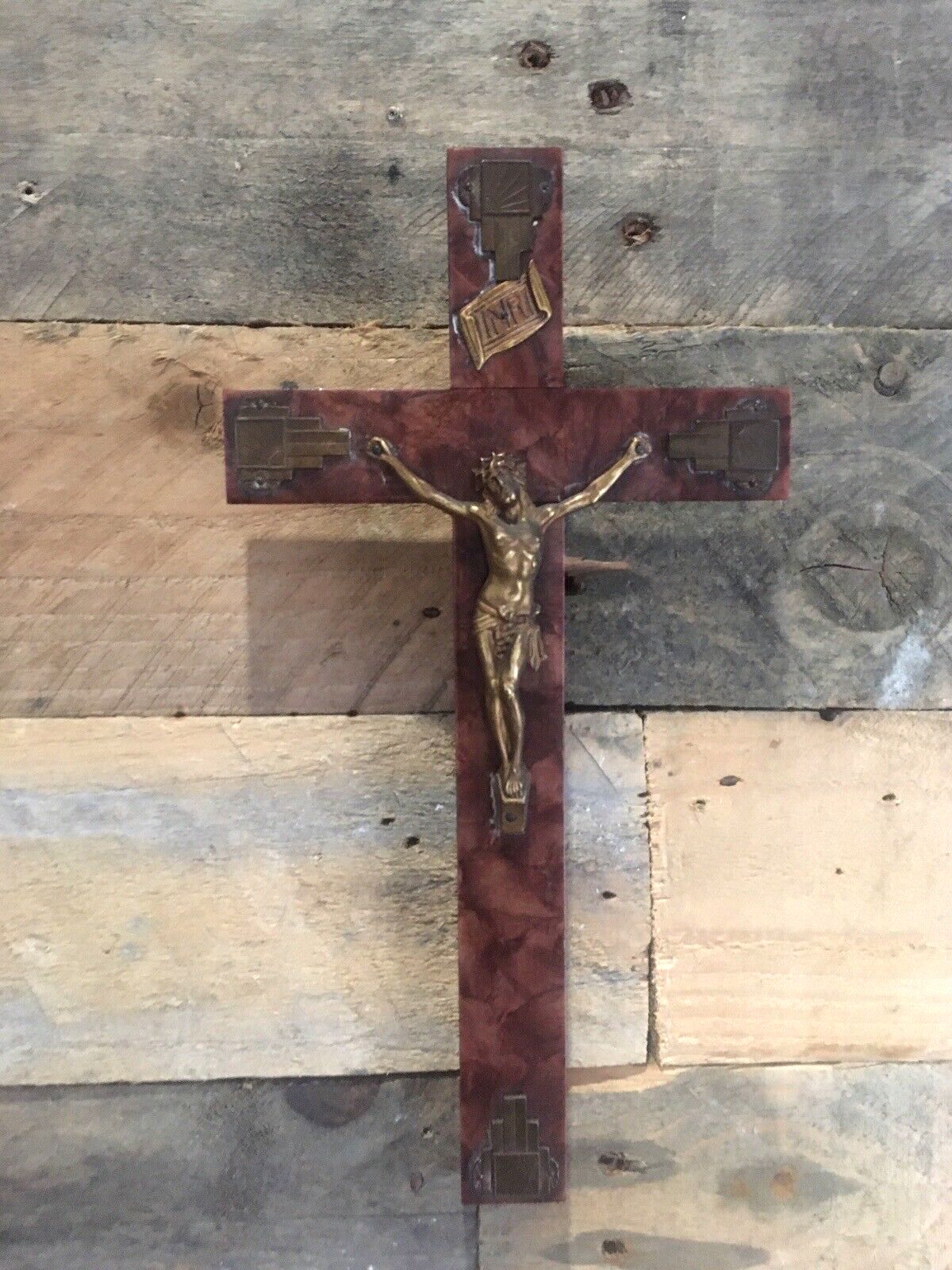 photo for sale Antique Art Deco French Bakelite Gilded Wall Hanging Crucifix Church Cross Jesus