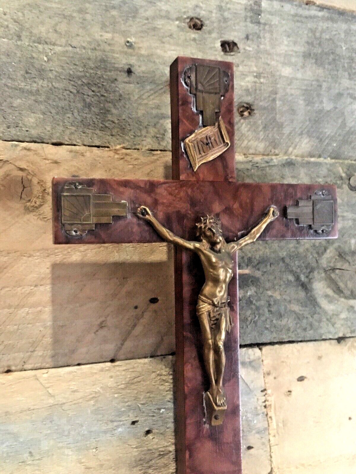 Art Antique Art Deco French Bakelite Gilded Wall Hanging Crucifix Church Cross Jesus photo