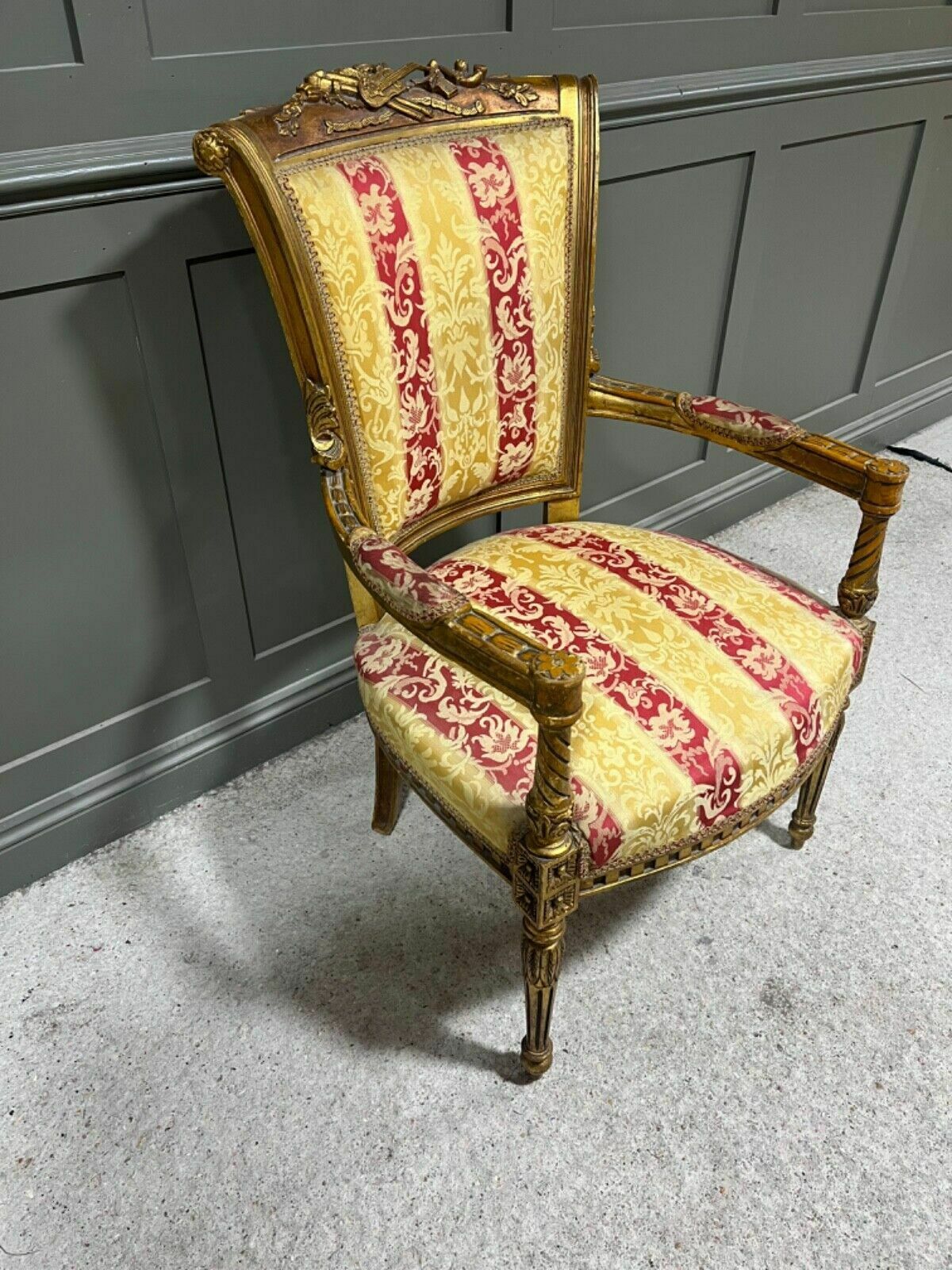 French Salon Chair Antique Style Armchair Carved Gilt Wood Frame photo buy