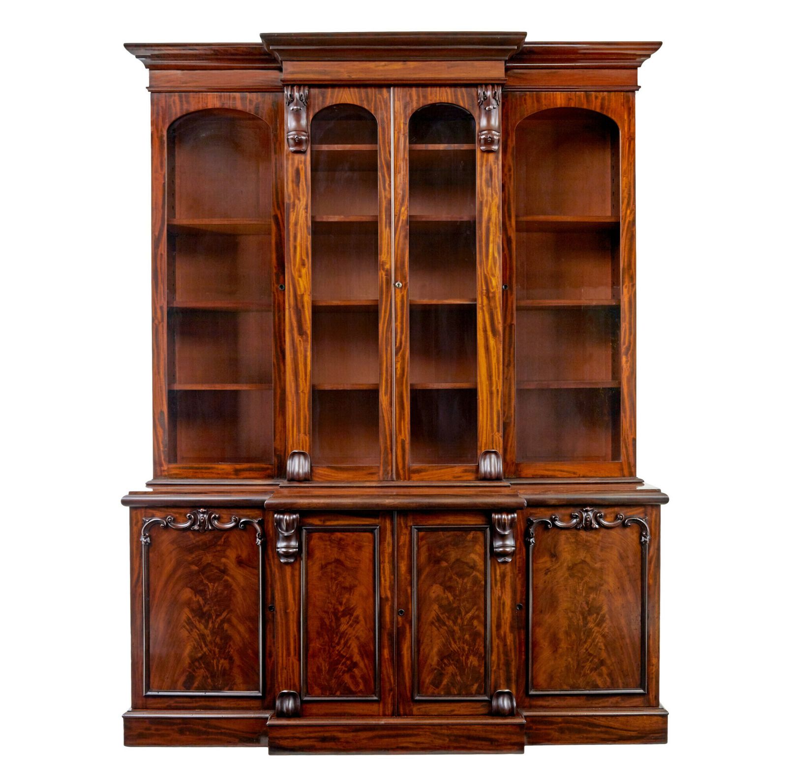 Early Victorian 19th Century Flame Mahogany Breakfront Bookcase