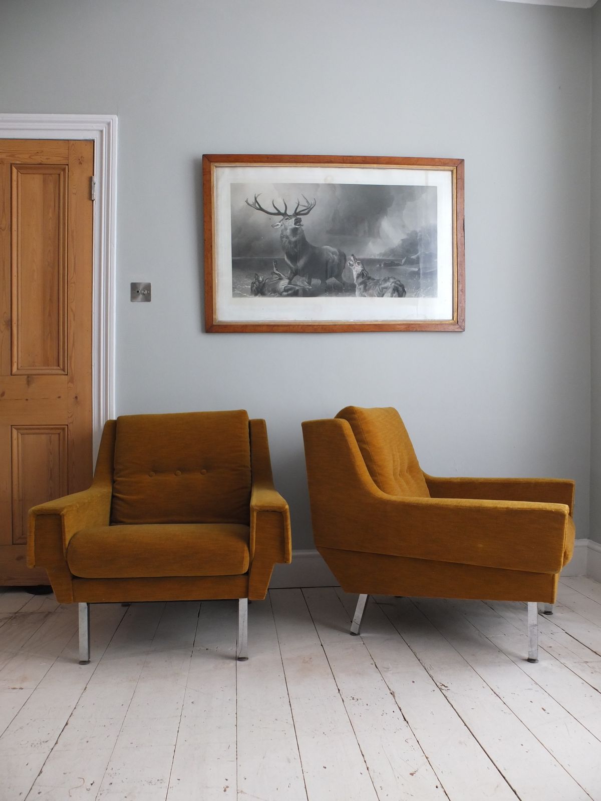 A Pair Of 1970s Armchairs In Original Mustard Fabric With Chrome Legs