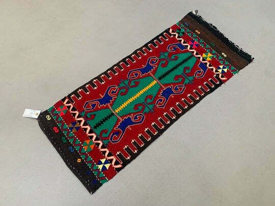 Vintage Turkish Mini Kilim 114x47 Cm Wool Small Kelim Runner, Shabby Chic photo for sale