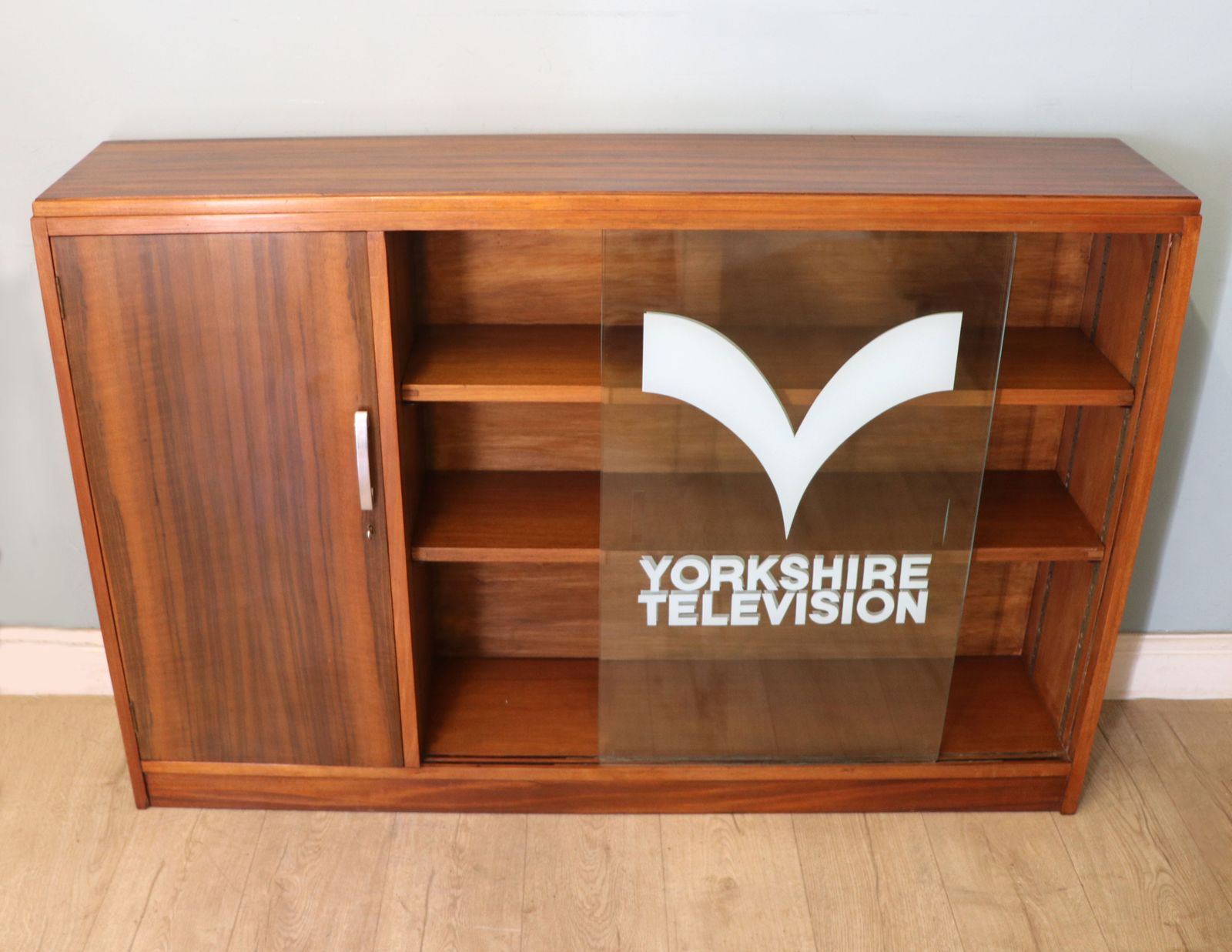 A  Mid Century Retro Style Display Cabinet By Cresta, Sign Written Yorkshire Television. photo vinterior