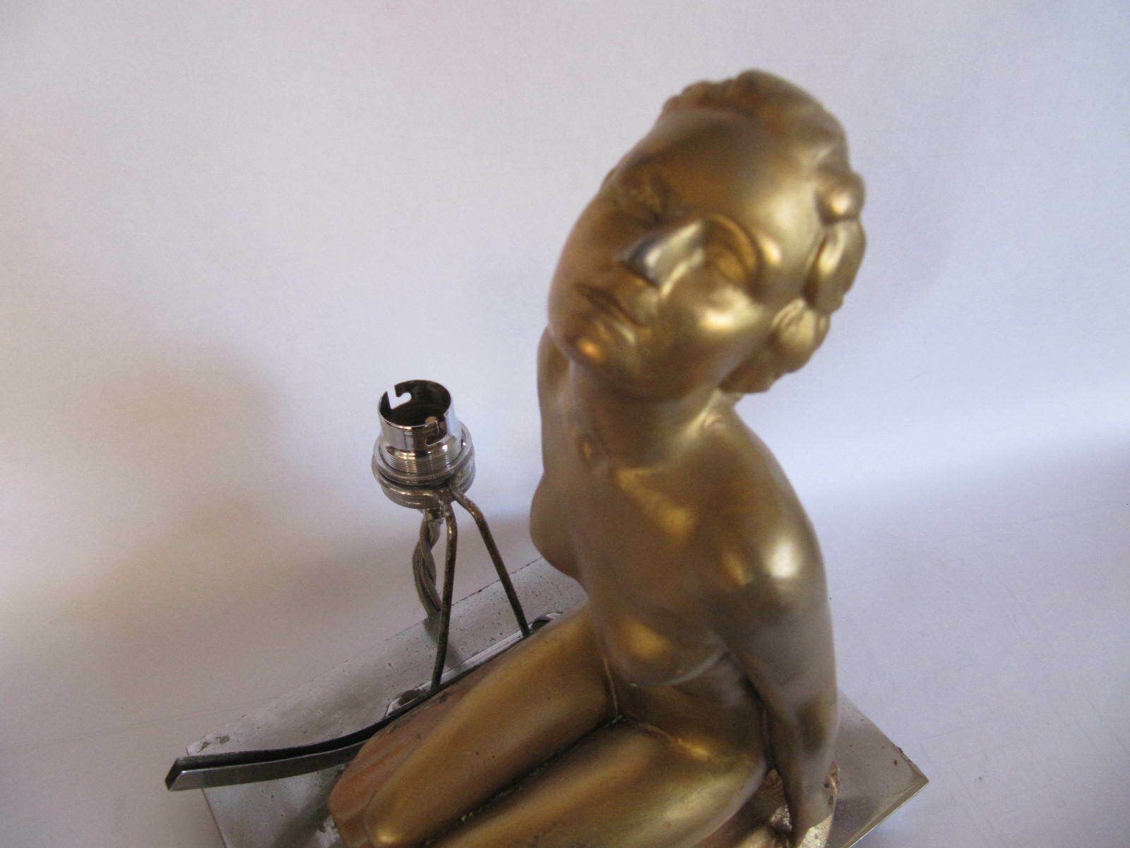 Art Deco Large Lamp Gilt Lady Figurine Kneeling, Circular Glass Diffuser, On Chrome Base photo buy