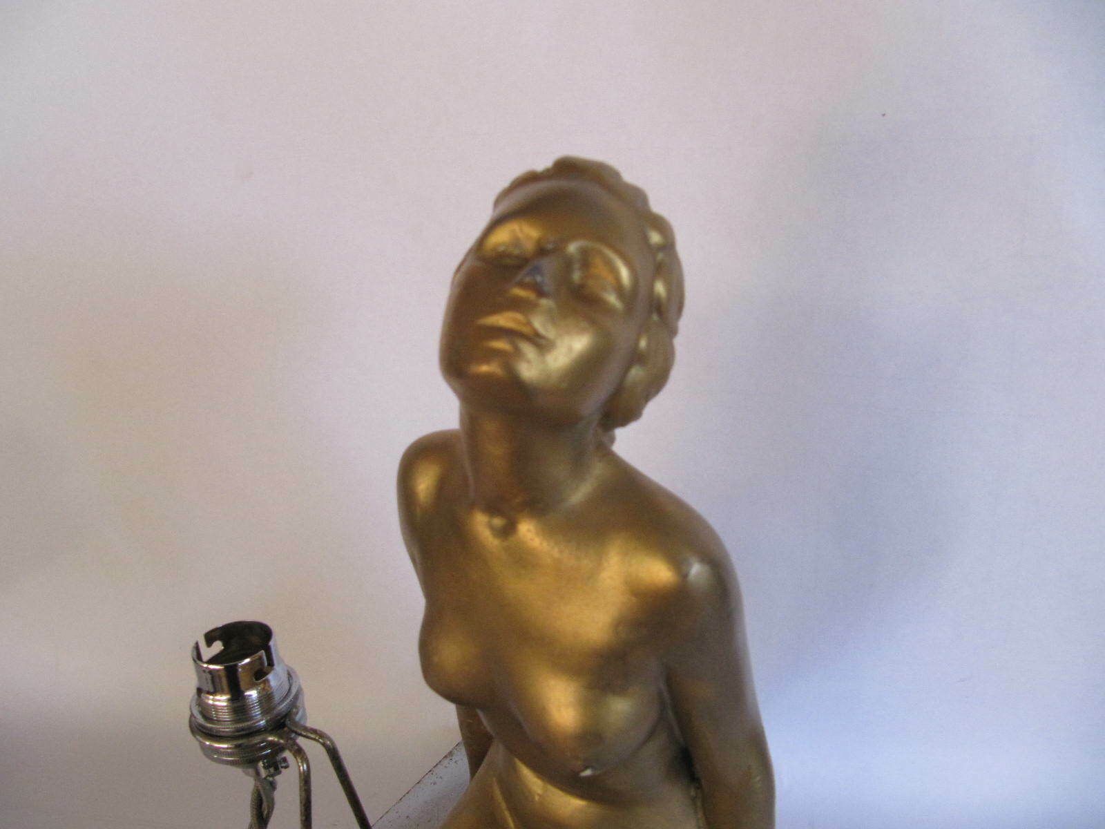 Art Deco Large Lamp Gilt Lady Figurine Kneeling, Circular Glass Diffuser, On Chrome Base photo vintage