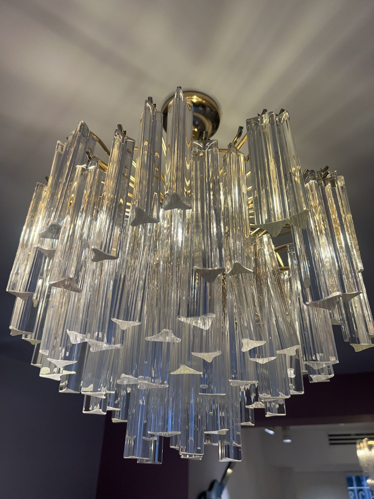 Vintage Pair Of Italian Murano Triedre Prism Crystal Gold Plated Chandeliers photo vinterior
