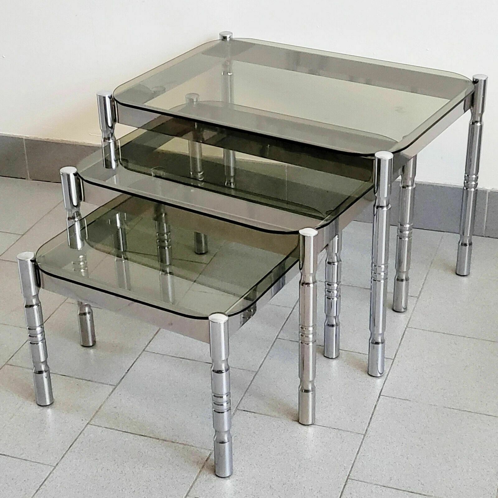 Set Of 3 Vintage Nest Of Tables 1970 Chrome Steel & Smoked Glass 70s Retro