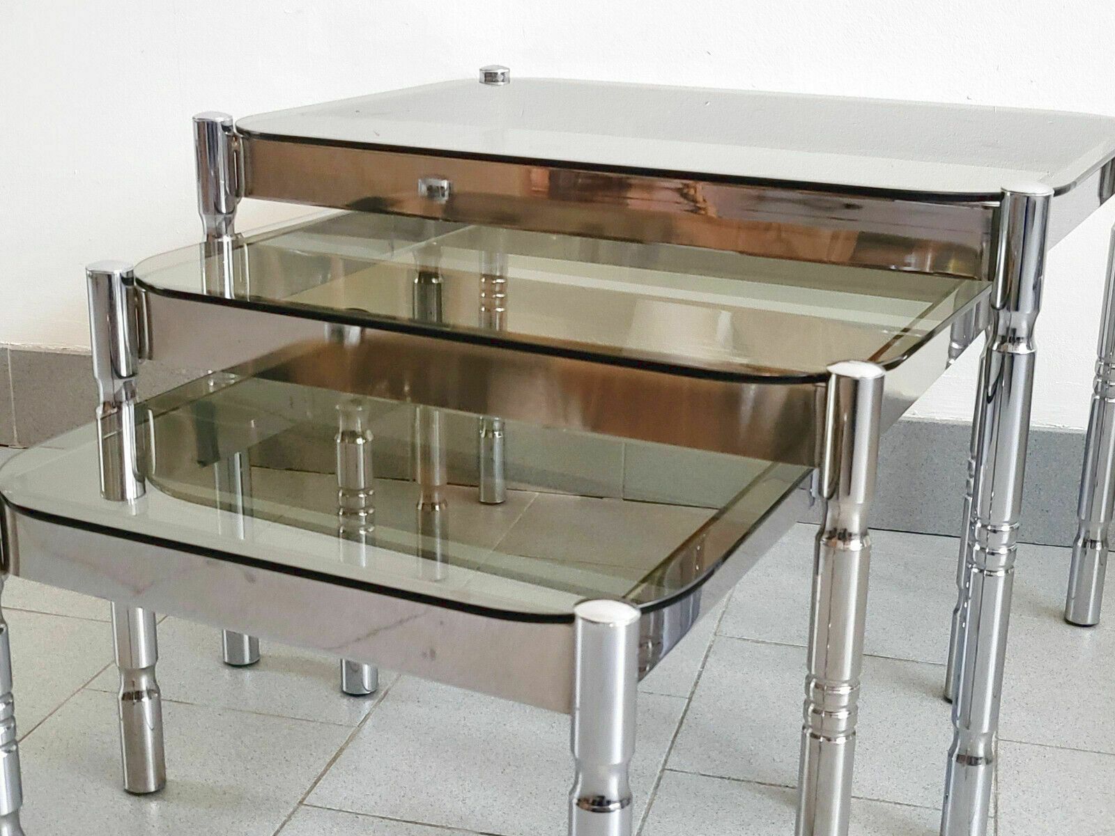 Set Of 3 Vintage Nest Of Tables 1970 Chrome Steel & Smoked Glass 70s Retro photo Furniture