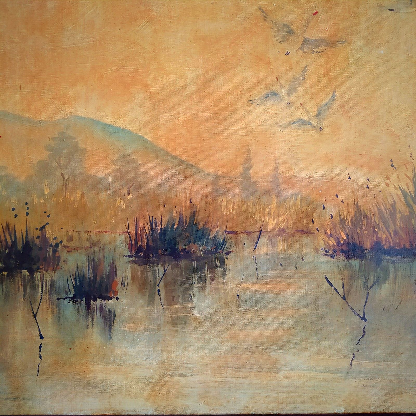 Mid Century "Storks In Flight" Oil Painting. photo for sale