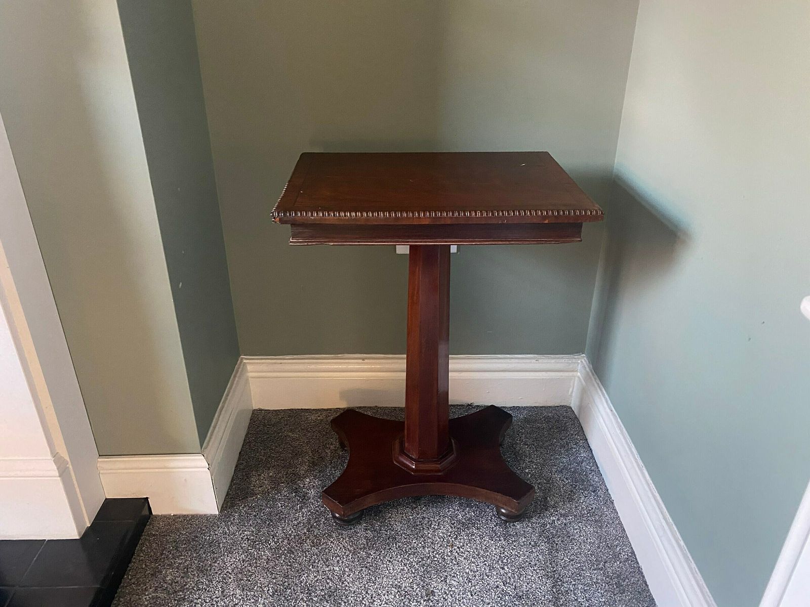 photo for sale Antique Arts And Crafts Mahogany Side Table Wine Table With Detailed Table Top & Pedestal Base