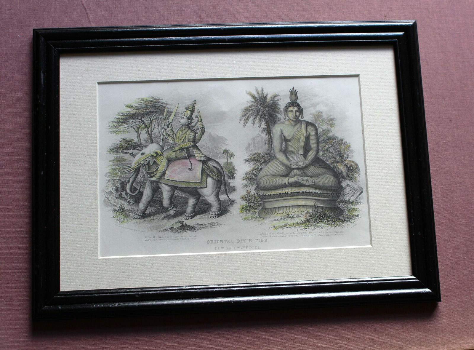 Framed 19th Century Engraving Oriental Divinities Indra & Cotama C1860