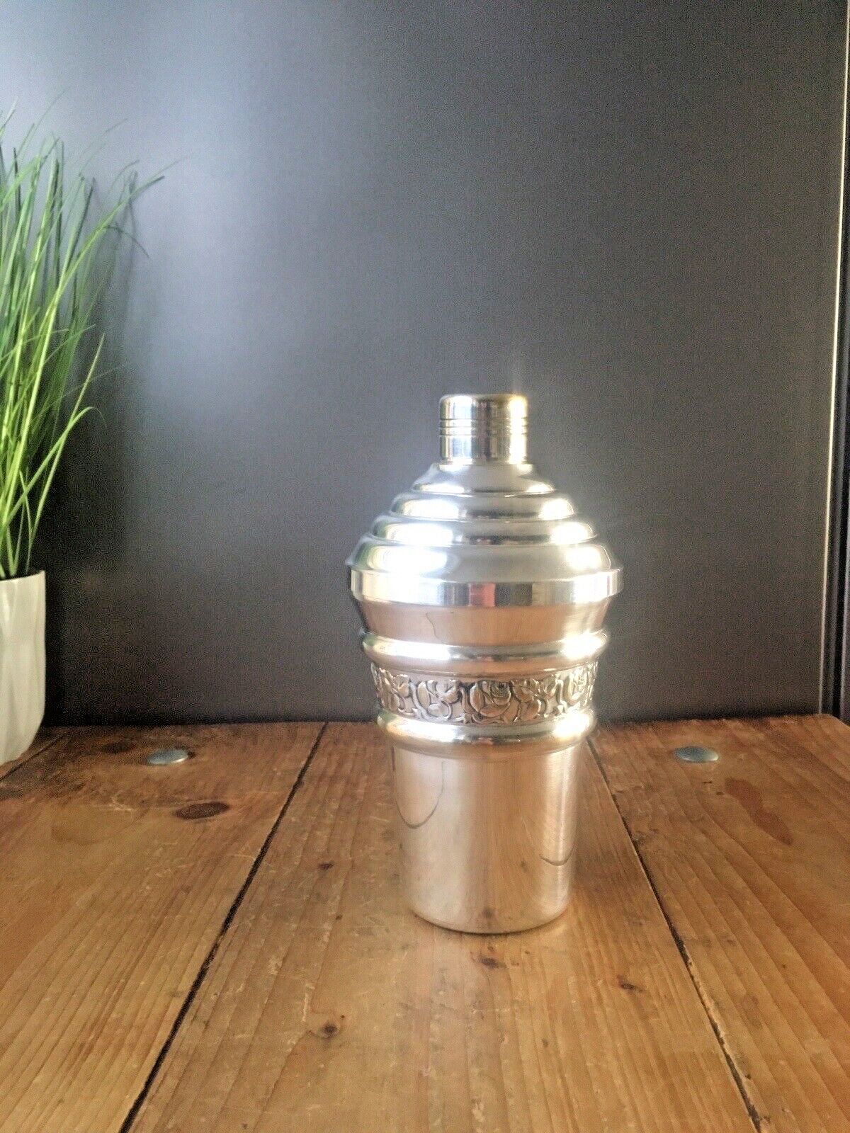 Antique Art Deco French Repousse Rose Stepped Silver Plated Cocktail Shaker Bar photo Home Decor