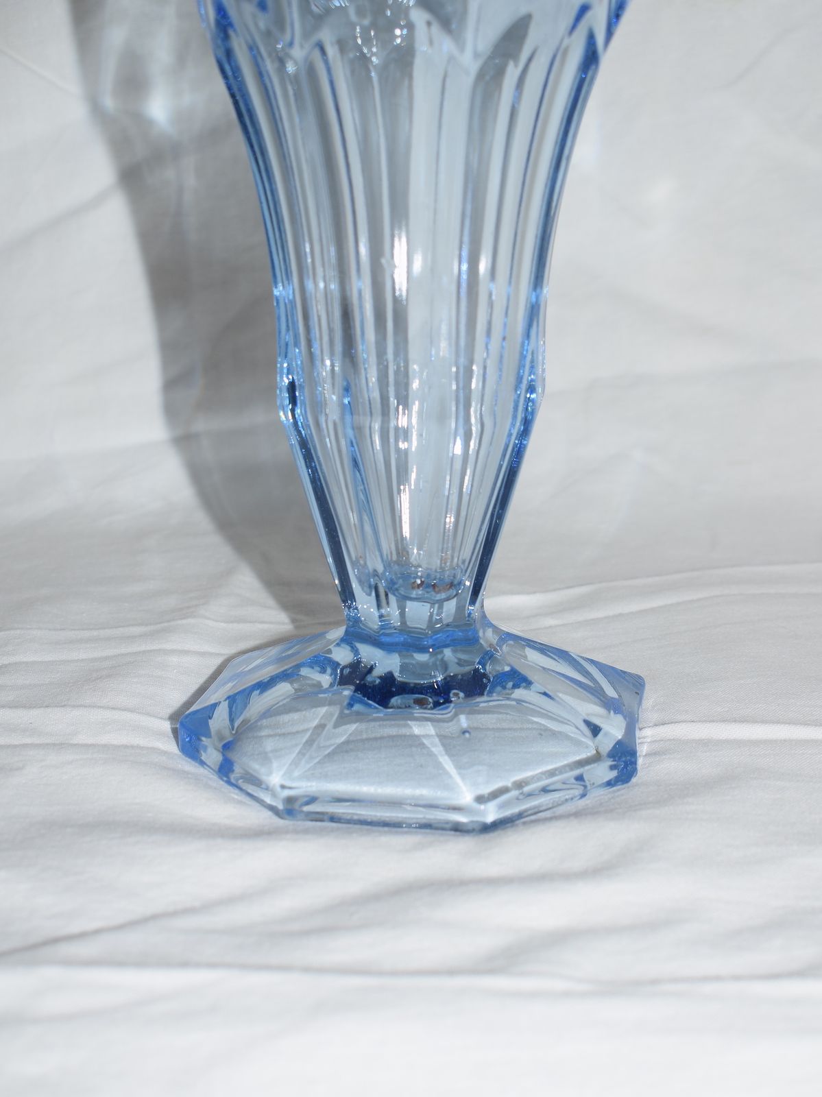 A Pale Blue Vintage Trumpet Pressed Glass Vase, Late 20th Century photo vinterior