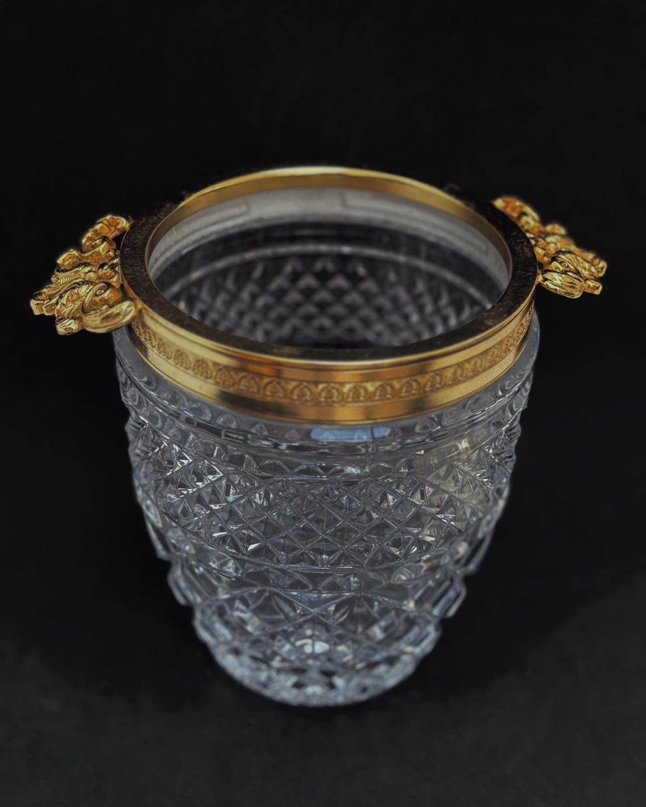 Ice Bucket Heavy Crystal With Golden Shell Handles Mid Century Barware Mixology Tools Bar Cart Decor Man Cave Gift Hollywood Regency