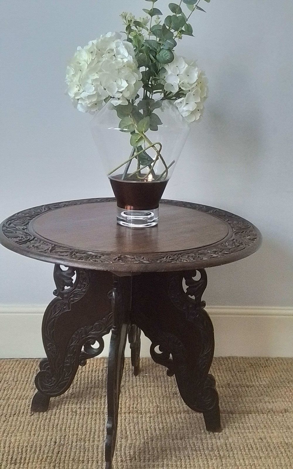 Edwardian Dark Oak Handcarved Wood With Thistle And Flower Carvings,Dark Oak Circular Table Ref D