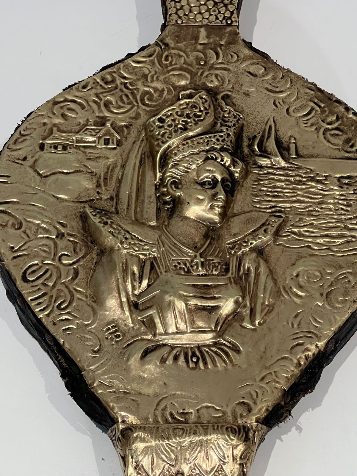 Fireplace Bellows In Repoussé Brass With The Effigy Of A Woman photo vintage