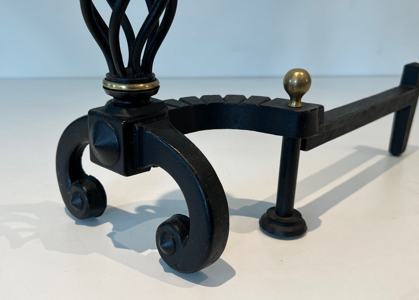 photo for sale Pair Of Wrought Iron Andirons Topped With A Brass Ball