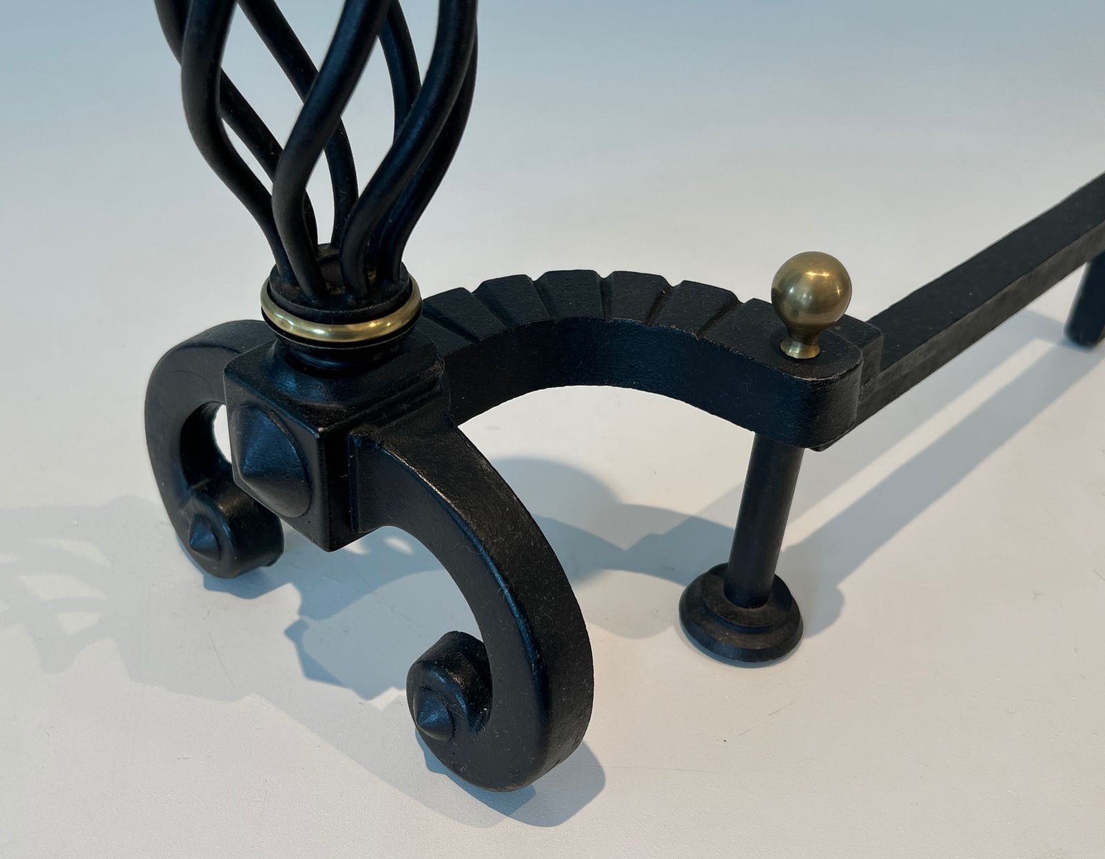 Home Fixtures Pair Of Wrought Iron Andirons Topped With A Brass Ball photo