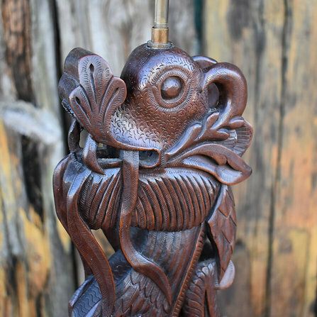 Antique Vintage Hand Carved Wooden Chinese New Year Dragon Table Lamp photo for sale