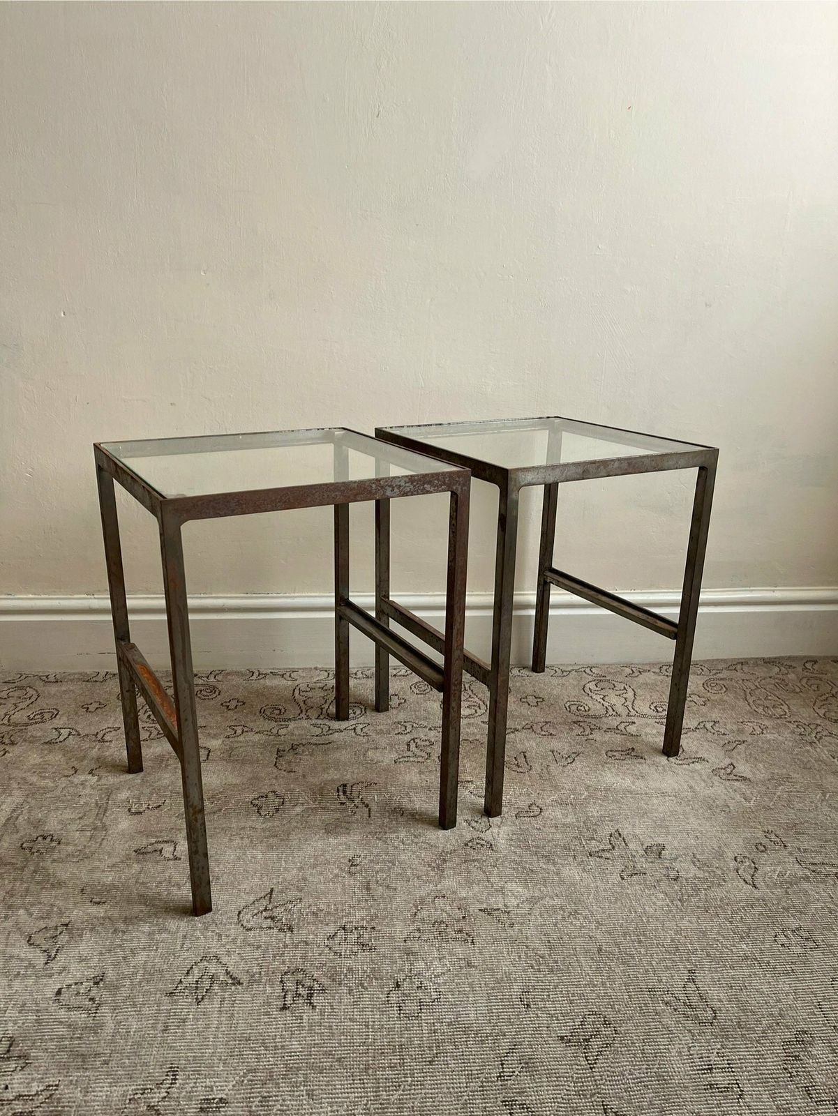 Patinated Metal End Table Of Industrial Design, Bespoke Piece With Glass Top photo furniture