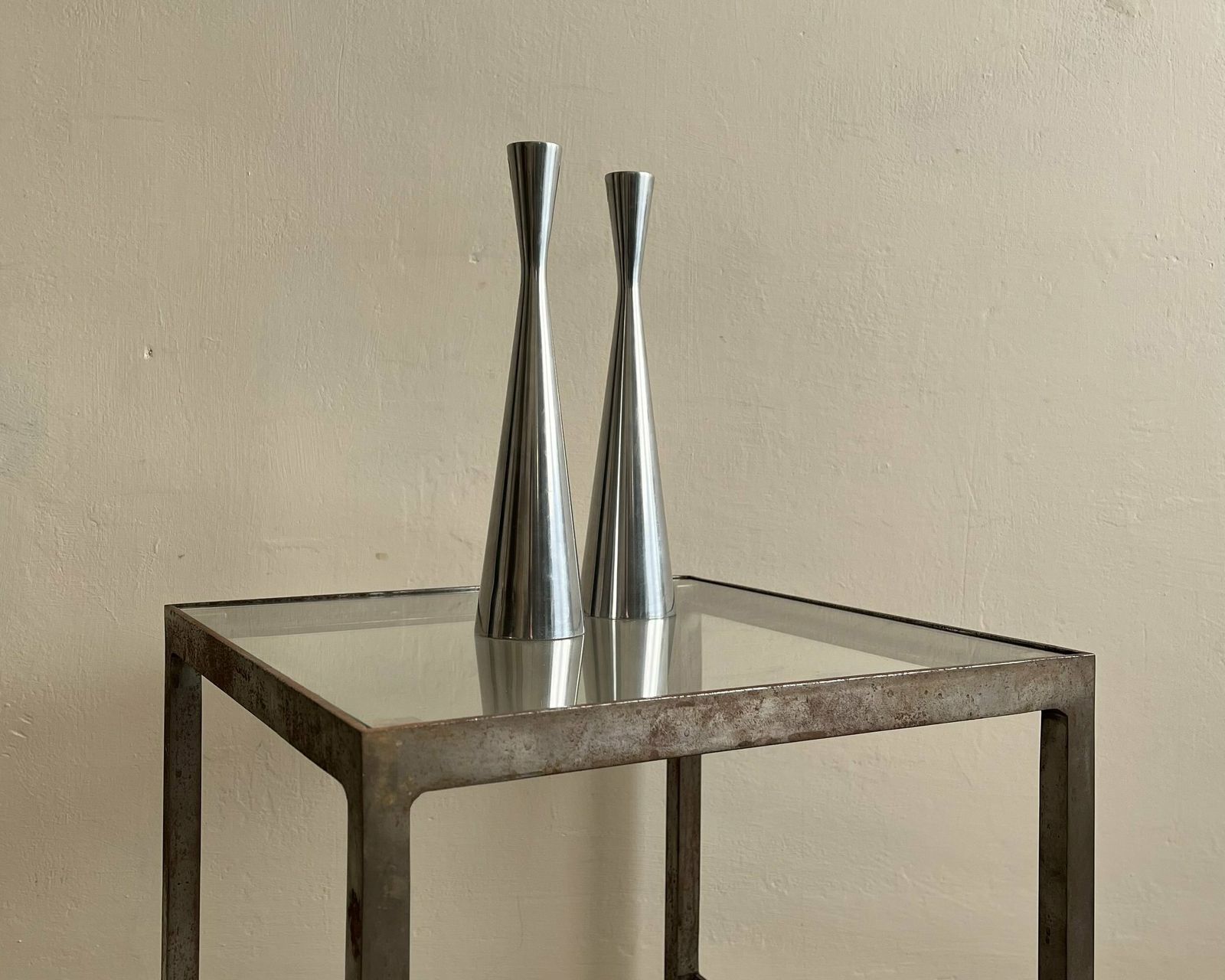 Patinated Metal End Table Of Industrial Design, Bespoke Piece With Glass Top photo for sale
