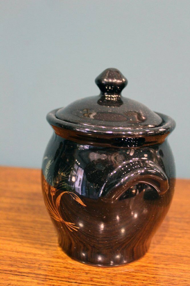 photo for sale Black Lacquered Container Vase In Gold, France, 1970s