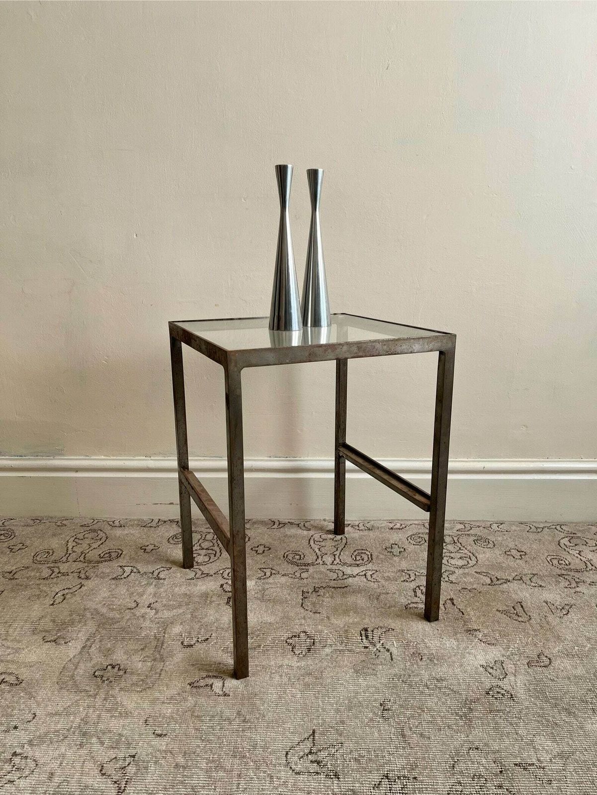 Vintage Steel And Glass Lamp Or End Tables In Patinated Metal Minimalist Industrial Design   Pair Available photo Furniture