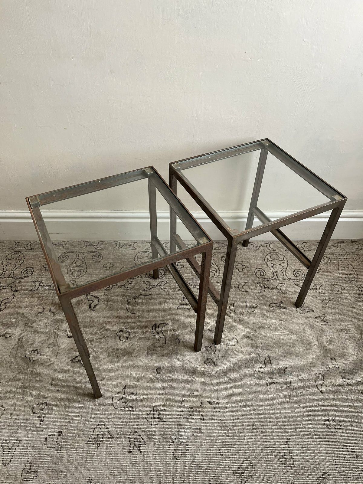 Vintage Steel And Glass Lamp Or End Tables In Patinated Metal Minimalist Industrial Design   Pair Available photo vinterior