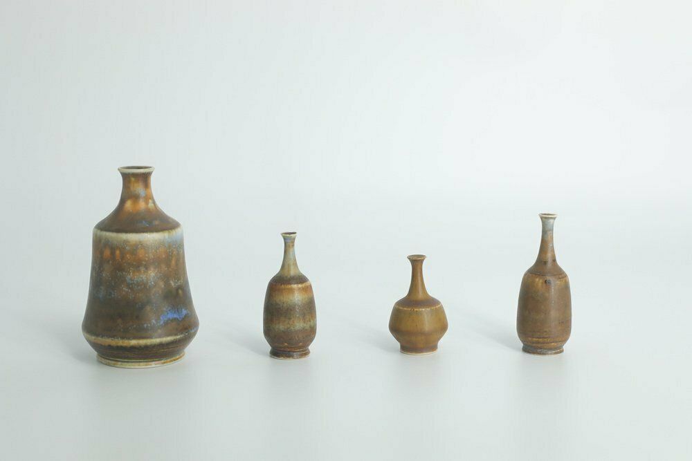 Small Mid Century Scandinavian Modern Collectible Brown Stoneware Vases By Gunnar Borg For Höganäs Ceramics, 1960s, Set Of 4