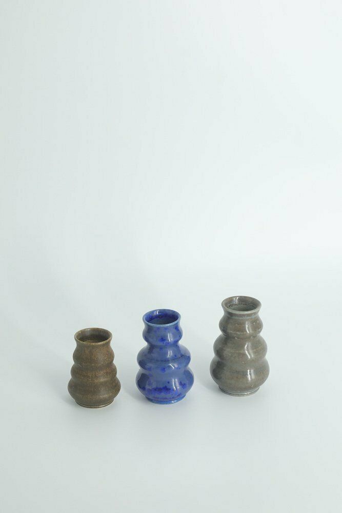 Small Mid Century Scandinavian Modern Collectible Brown & Blue Wavy Glazed Stoneware Vases By Gunnar Borg For Höganäs Ceramics, 1960s, Set Of 3 photo Home Decor