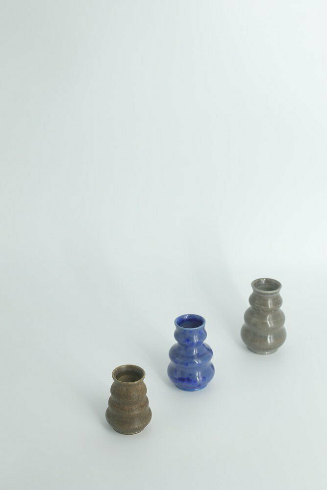 Small Mid Century Scandinavian Modern Collectible Brown & Blue Wavy Glazed Stoneware Vases By Gunnar Borg For Höganäs Ceramics, 1960s, Set Of 3 photo buy