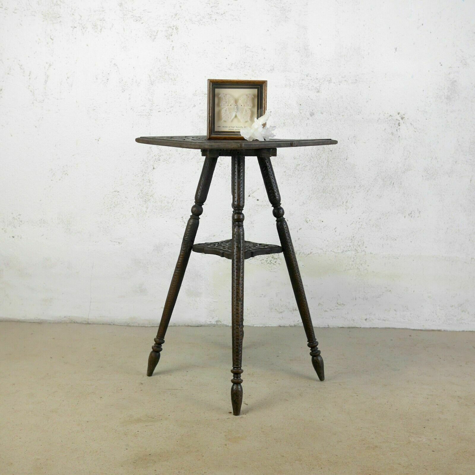Antique Carved Anglo Indian Square Burmese Hard Wood Lamp Side Table Weathered