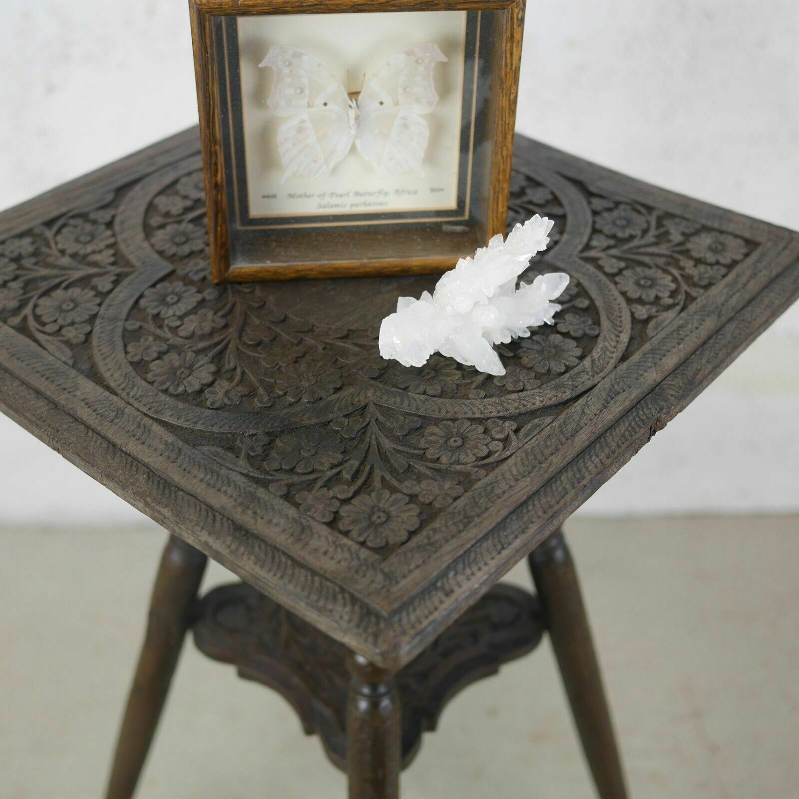 Antique Carved Anglo Indian Square Burmese Hard Wood Lamp Side Table Weathered photo buy