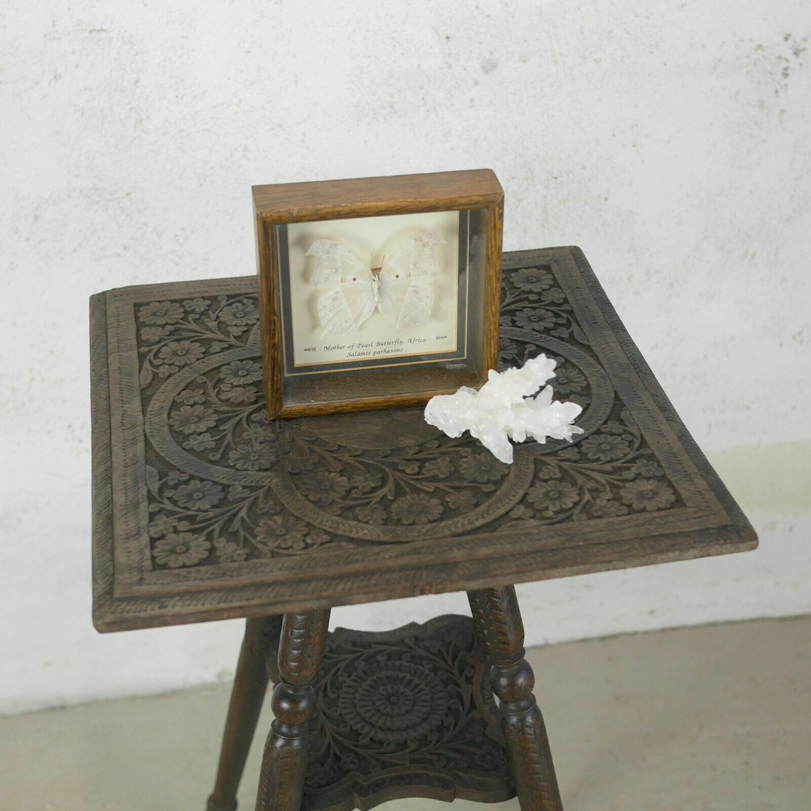 photo for sale Antique Carved Anglo Indian Square Burmese Hard Wood Lamp Side Table Weathered