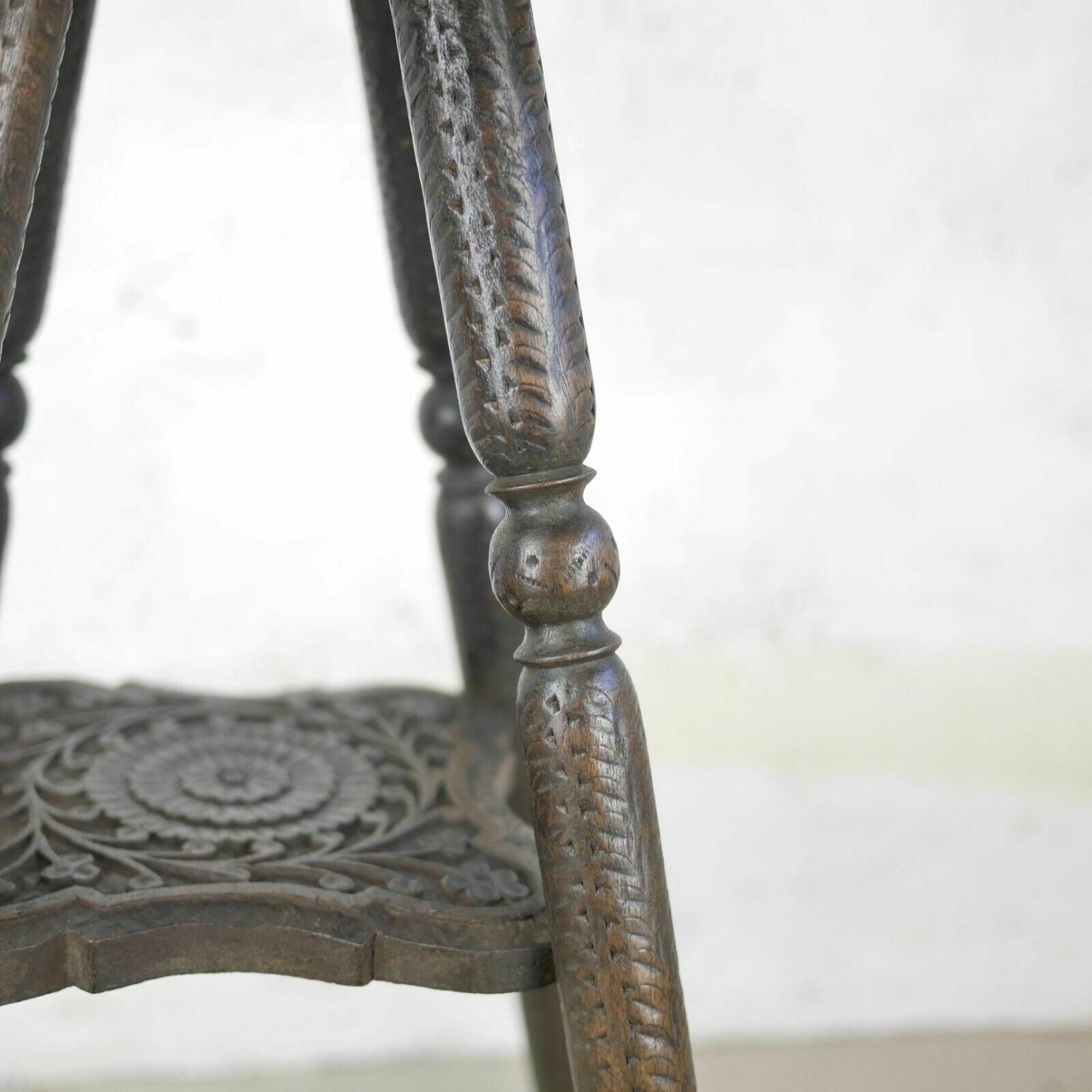 photo buy Antique Carved Anglo Indian Square Burmese Hard Wood Lamp Side Table Weathered