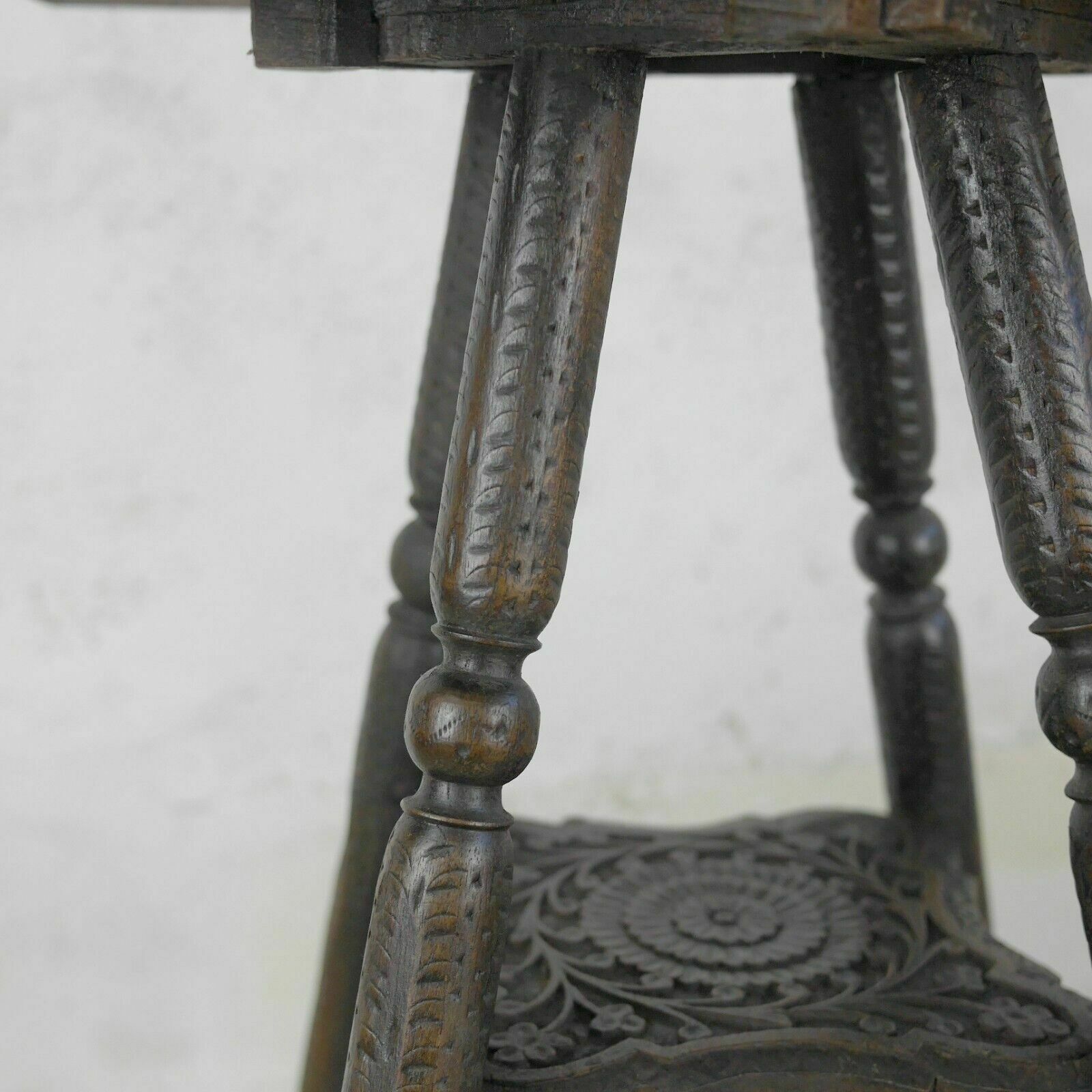 photo vintage Antique Carved Anglo Indian Square Burmese Hard Wood Lamp Side Table Weathered