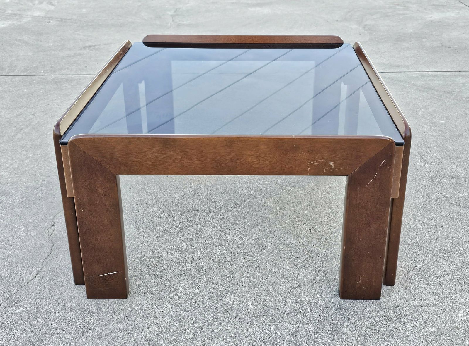 Mid Century Modern Coffee Table Done In Walnut And Smoke Glass Designed By Afra And Tobia Scarpa // Made In Italy In 1960s photo vintage