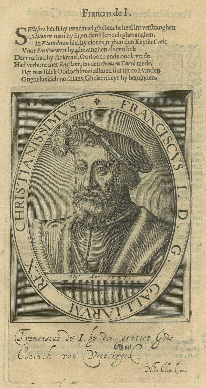 Original Antique Engraved Portrait Of Francis I Of France By Janszoon, 1615
