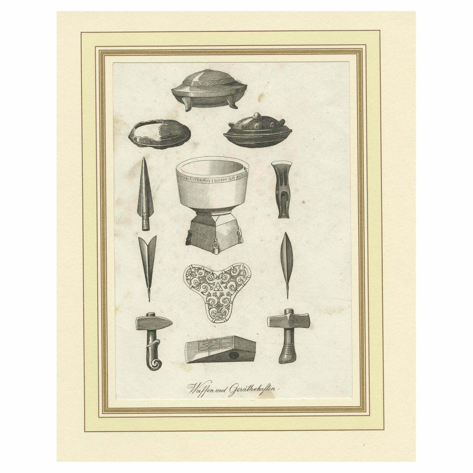 Antique Print Of Swedish Weapons And Utensils, C.1880