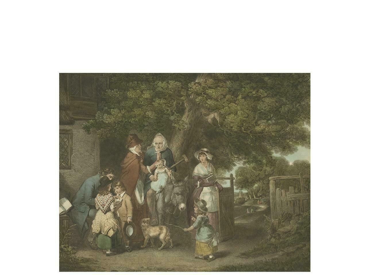 Old Antique Print Of A Village Scenery With Grandmother On A Donkey, Circa 1800 photo for sale